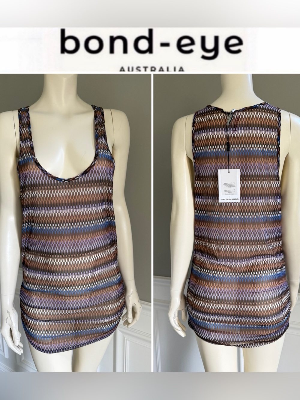 bond-eye Australia Brown Stripe Scoop Neck Tank Top Cover Up XS/S NWT